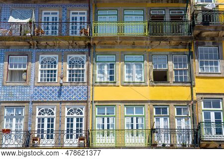 Beautiful Colorful Building Facede In Porto Portugal With Azulejo Tiles