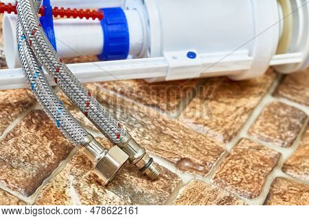 Plumbing. Flexible Metal Steel Faucet Hoses, Flush Mechanism, Siphon Fittings