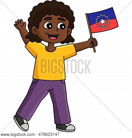 This Cartoon Clipart Shows A Girl Holding The Juneteenth Flag Illustration.