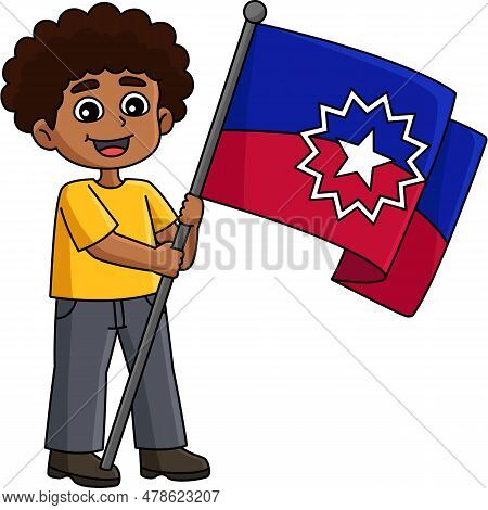 This Cartoon Clipart Shows A Boy Holding The Juneteenth Flag Illustration.