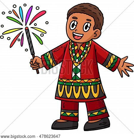 This Cartoon Clipart Shows A Juneteenth Boy And Fireworks Illustration.