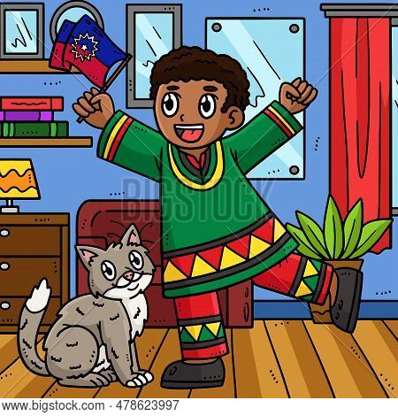 This Cartoon Clipart Shows A Juneteenth African American Boy And A Flag Illustration.