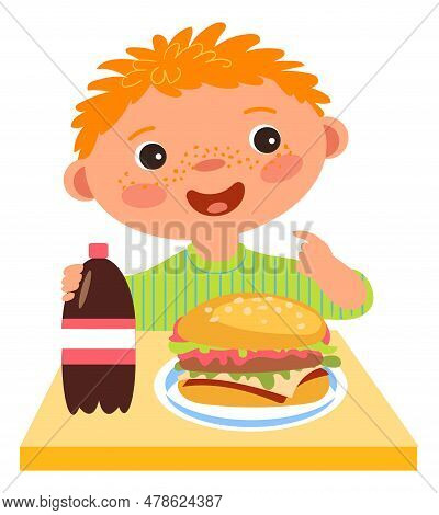Kid Eats Burger And Drink Soda. Unhealthy Chilren Fastfood Nutrition