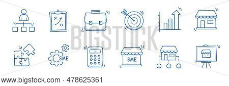 Business Sme Doodle Icon Set. Small, Medium Enterprise Business Hand Drawn Doodle Sketch Style Icon.