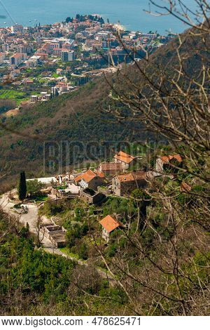 View Of The Village Of Gorn Lastva From The Mountain Hiking Trail Above Tivat.
