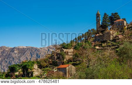 Abandoned Houses And A Church In The Mountain Village Of Gorny Stoliv, Montenegro
