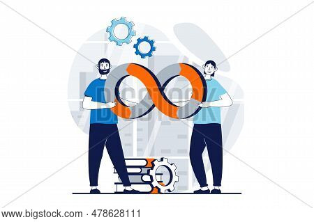 Devops Concept With People Scene In Flat Design For Web. Man Working In Team With Software Programmi