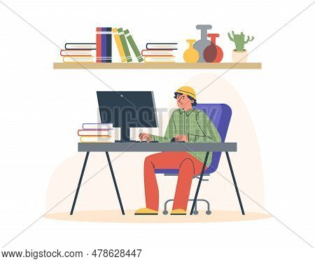Young Boy Working At Computer Flat Style, Vector Illustration