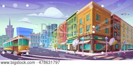 Winter City Street With Retro Tram. Vector Cartoon Illustration Of Snowy Weather In Old European Dow