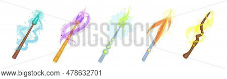 Magic Wands With Fairy Dust And Glow Swirling Around Vector Set