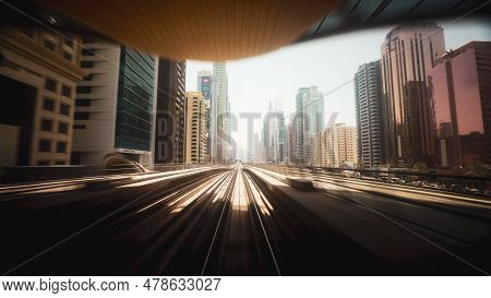 Time Lapse, Timelapse Metro In Dubai, United Arab Emirates. Fpv Pov At Fast Speed Drive Motion. Hype