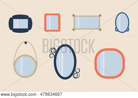 Set Of Mirrors Of Different Sizes And Variations, Colors. Vector Illustration