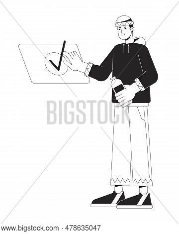 Man Near Check Mark Flat Line Black White Vector Character