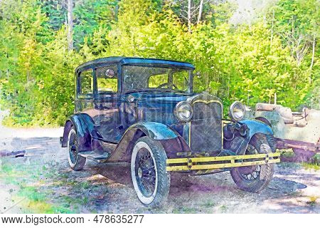 Digitally Created Watercolor Painting Of A Restored Vintage Automobile From The Twenties