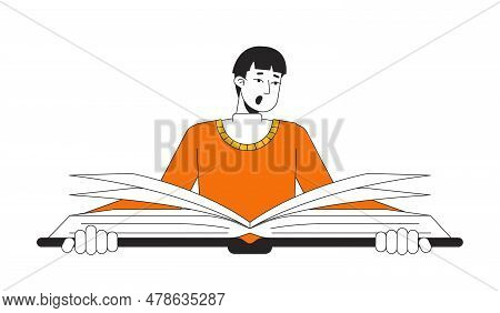 Shocked Asian Man Reading Big Book Flat Line Color Vector Character