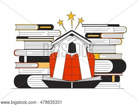 Tired Schoolboy Among Books Flat Line Concept Vector Spot Illustration