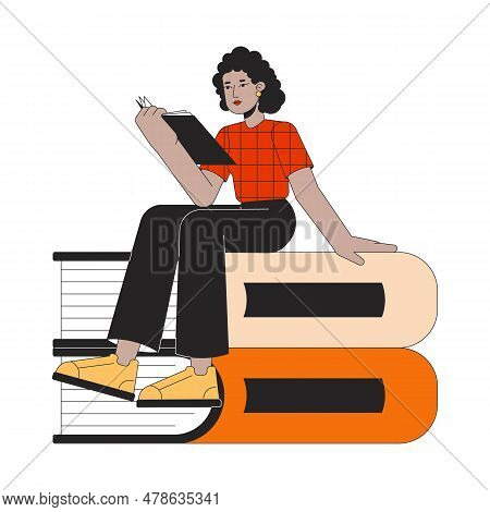 Cute African American Girl Reading Book Flat Line Concept Vector Spot Illustration