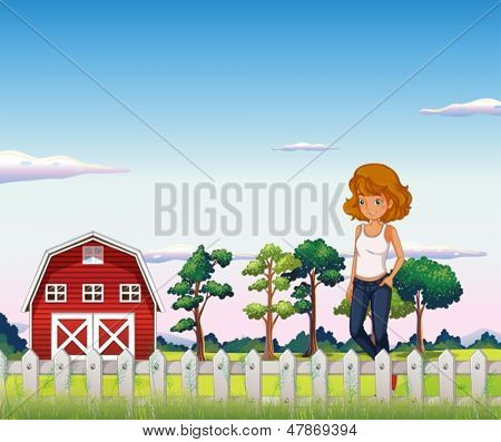 ภาพของหญิงสาวคนหนึ่งยืนอยู่ใกล้ barnhouse สีแดงภายในรั้ว