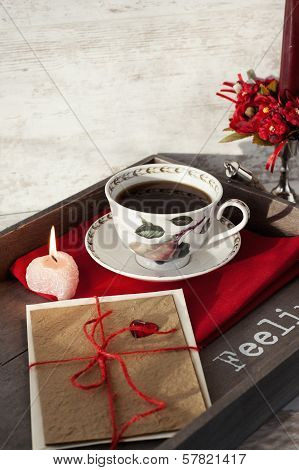 Valentine Greeting Card And Cup On Wooden Tray