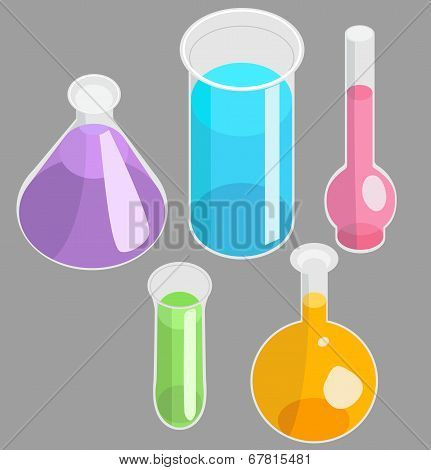 Set of 5 vector test-tubes. Laboratory glassware.