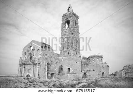 Ruins of an old church destroyed during the spanish civil war in black and white in Belchite Saragos