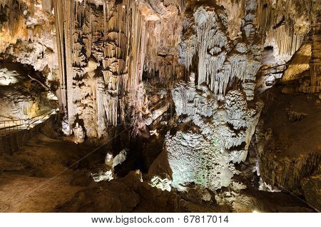 Formations; Stalactites and stalagmites in the famous Nerja Caves In Nerja Málaga Province, Spain.