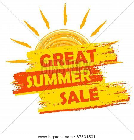 Great Summer Sale With Sun Sign, Yellow And Orange Drawn Label