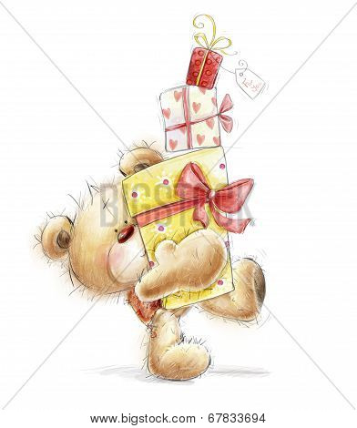Teddy bear with the gifts.Childish illustration in sweet colors.Background with bear and gifts. Hand