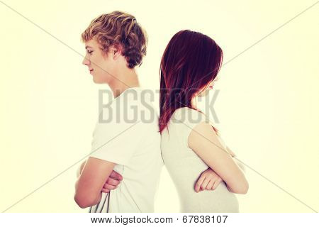 Young couple take offens after quarrel. Friendship or romance relation.