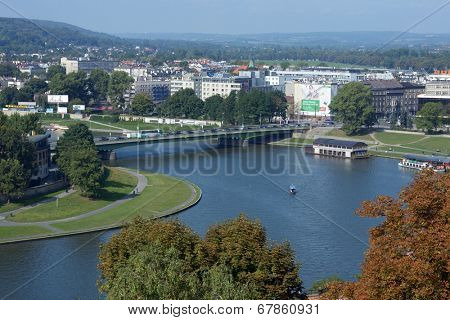KRAKOW, POLAND - SEPTEMBER 15, 2013: Aerial view to Vistula river from Sandomierska Tower of Wawel. Vistula is the longest and largest river in Poland, at 1,047 kilometres in length