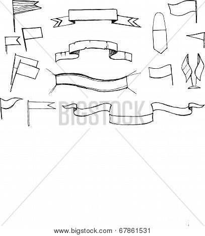 Hand Drawn Illustration -  Flags Set. Line Art