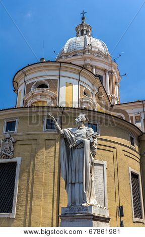Statue Of San Carlo And The Basilica In Rome, Italy
