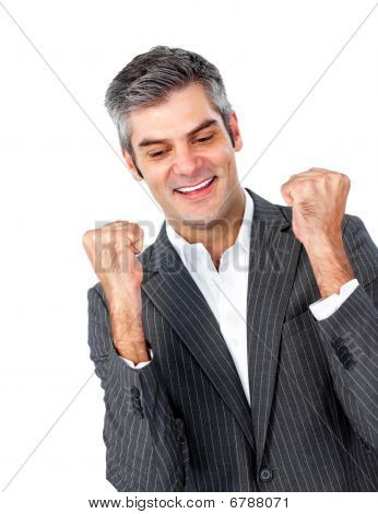 Mature Businessman Punching The Air In Celebration