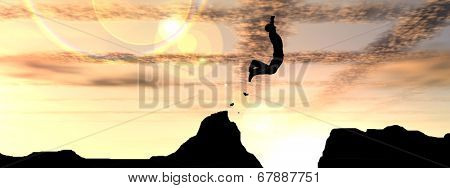 Concept or conceptual young man or businessman silhouette jump happy from cliff over  gap sunset or sunrise sky banner background