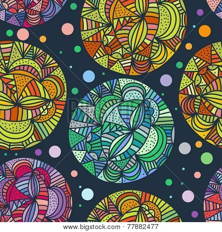 Hand drawn abstract doodle background. Seamless vector pattern with multicolored spheres