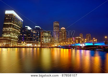 Boston sunset skyline from Fan Pier in Massachusetts USA