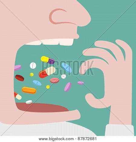 Man Throw A Lot Of Pills In To His Mouth