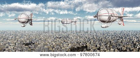 Fantasy airships over a megacity