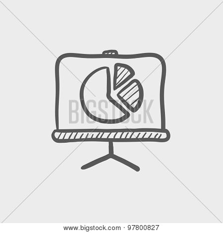 Roller screen with pie graph sketch icon for web and mobile. Hand drawn vector dark grey icon on light grey background.
