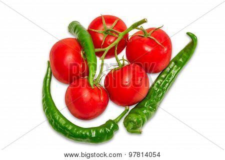 Branch Of Tomatoes And Several Green Peppers Chili