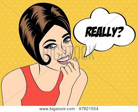 Cute Retro Woman In Comics Style With Message