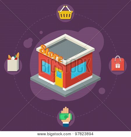 Store Isometric Building, Flat Icons, Stylish Background