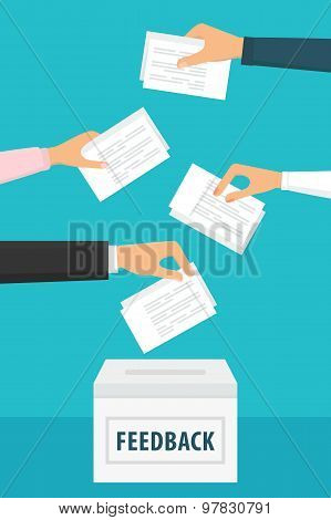 Group Feedback Illustration. People holding feedback papers and putting them into ballot box