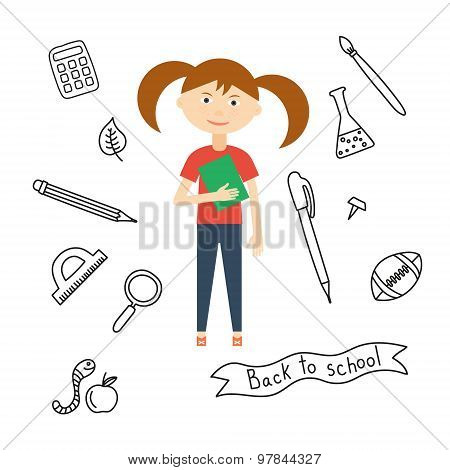 Cute cartoon girl on the background of a set of school subjects