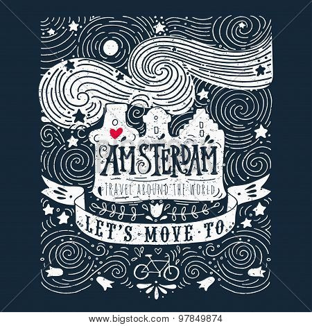 Hand Drawn Vintage Label With Amsterdam Canal Houses In Van Gogh Style