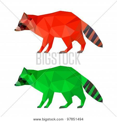 Raccoon Set Isolated On White. Abstract Bright  Polygonal Geometric Triangle Illustration