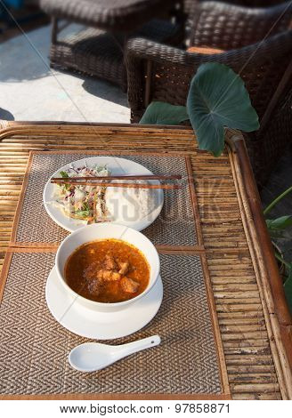 Khmer A-mok With Rice And Vegetable Salad