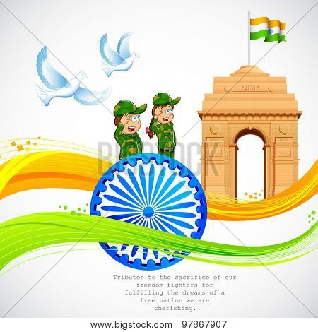 illustration of India Gate and Ashok Chakra with wavy Indian flag
