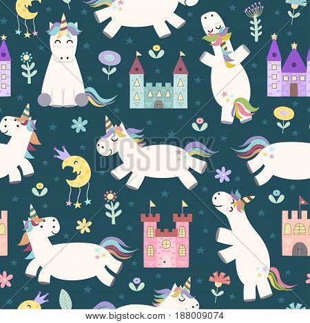 Magic seamless pattern with cute little unicorn, castles, stars and flowers. Vector texture in childish style great for fabric and textile, wallpapers, web page backgrounds, cards and banners design
