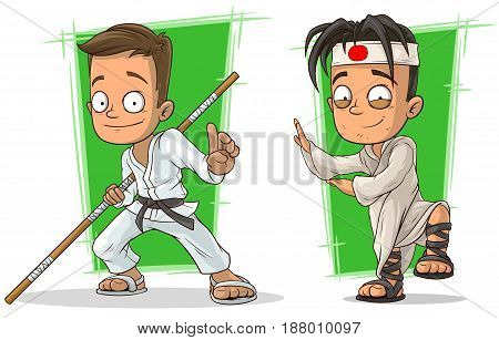 Cartoon kung fu karate boys in white kimono with stick character vector set